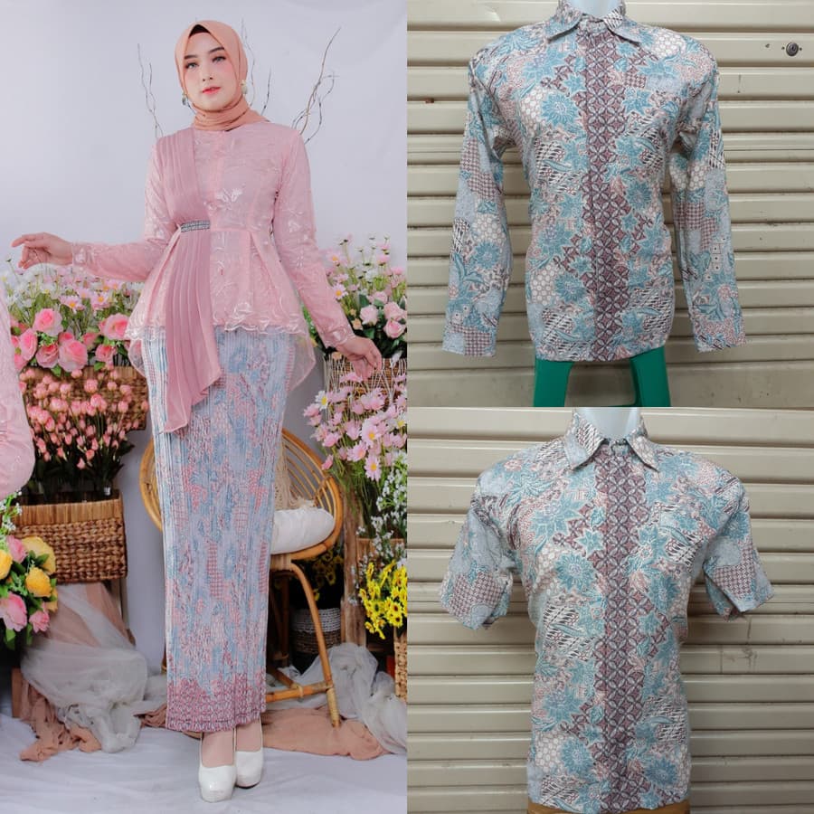 Couple Kebaya Modern Tulle Selendang Dan Kemeja Batik