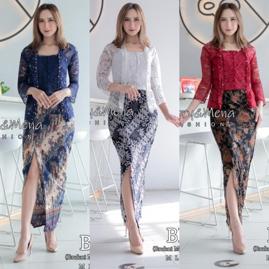 Setelan Kebaya Modern Kutubaru Brukat Mutiara Kancing Aneka Warna